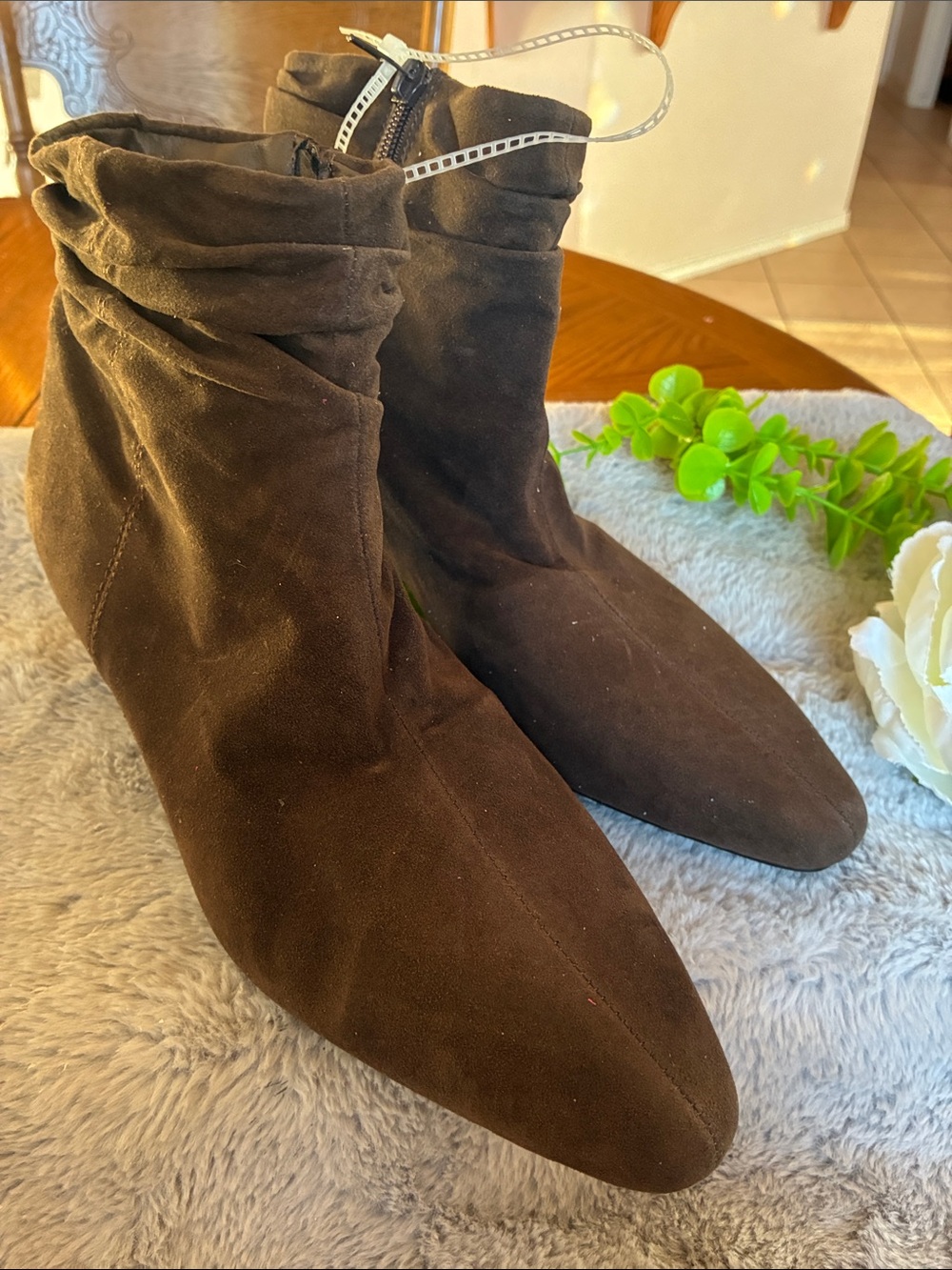 Women's Brown Suede Ankle Booties - Pointed Toe Slouch Style